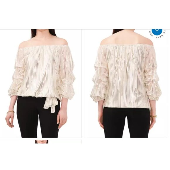 NWT CeCe Womens top Sz S shimmery gold black Party metallic blouson off shoulder - Picture 3 of 11